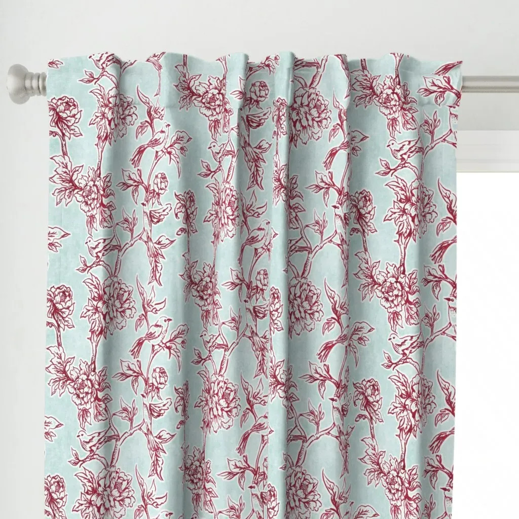 Birds Peonies Toile Curtain Panel - Crimson alternate view