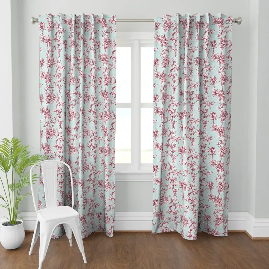 Birds Peonies Toile Curtain Panel - Crimson product