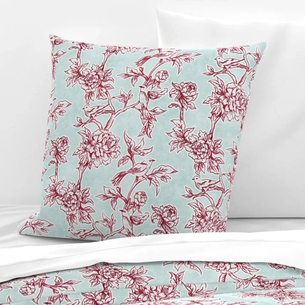 Birds Peonies Toile Euro Pillow Sham - Crimson product