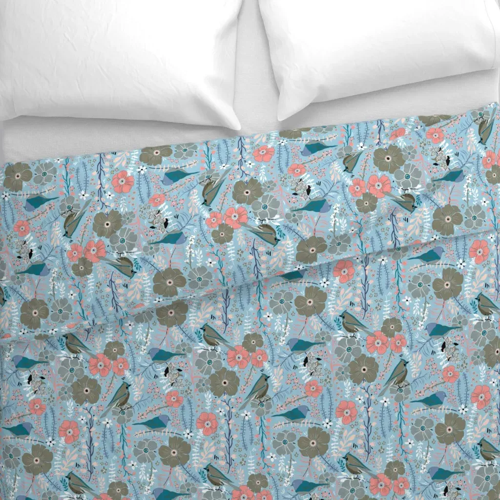 Birds Pink Sage Floral Blooms Duvet Cover - Light Blue alternate view