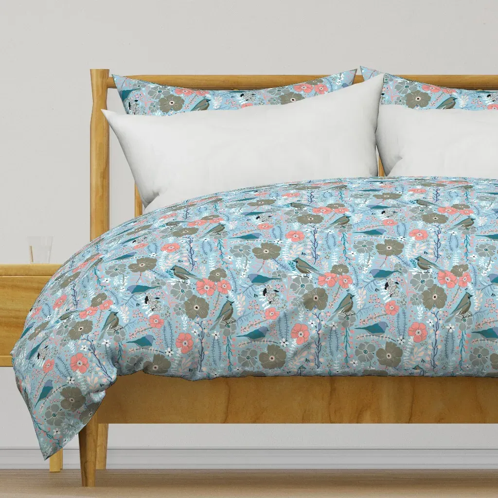 Birds Pink Sage Floral Blooms Duvet Cover - Light Blue product