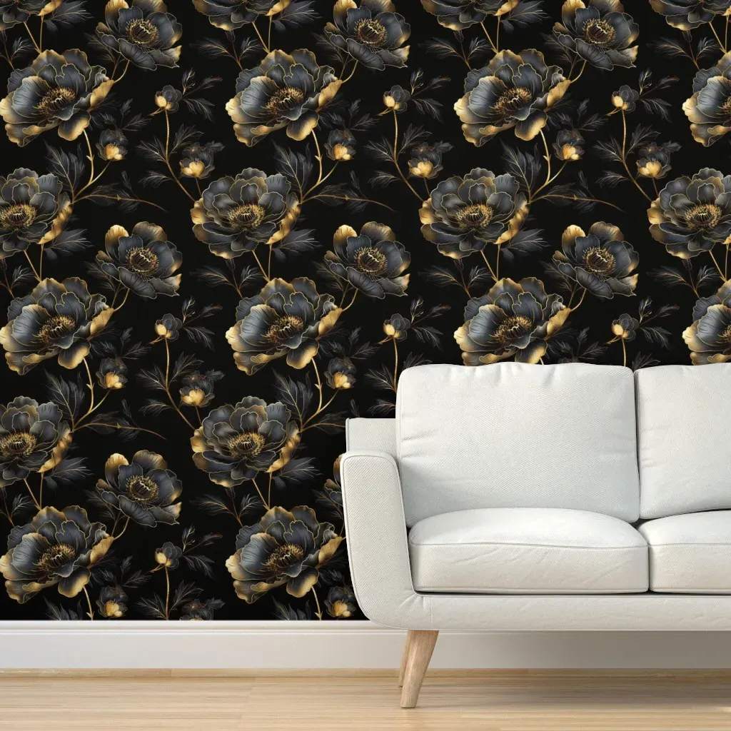 Black and Gold Floral Peel and Stick Wallpaper - Dark Gray product