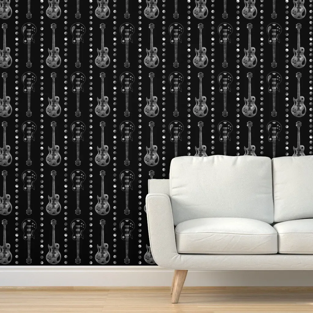 Black and White Guitars Music Peel and Stick Wallpaper - Silver product