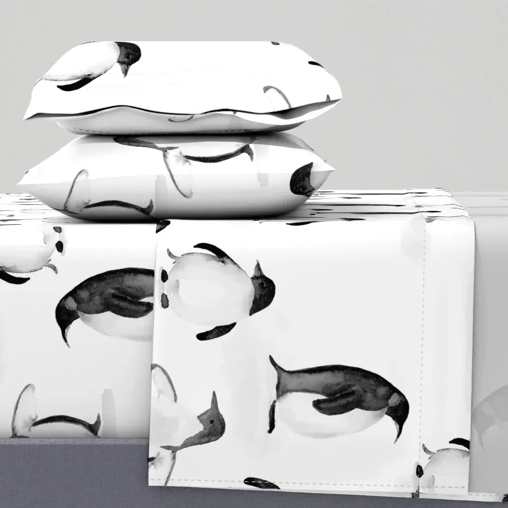 Black And White Painterly Penguins Full Sheet Set - Black product