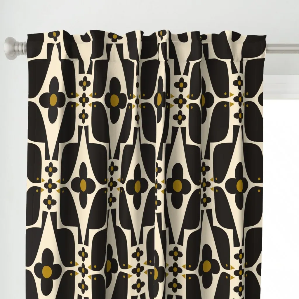 Black Birds And Daisies Curtain Panel - Black alternate view