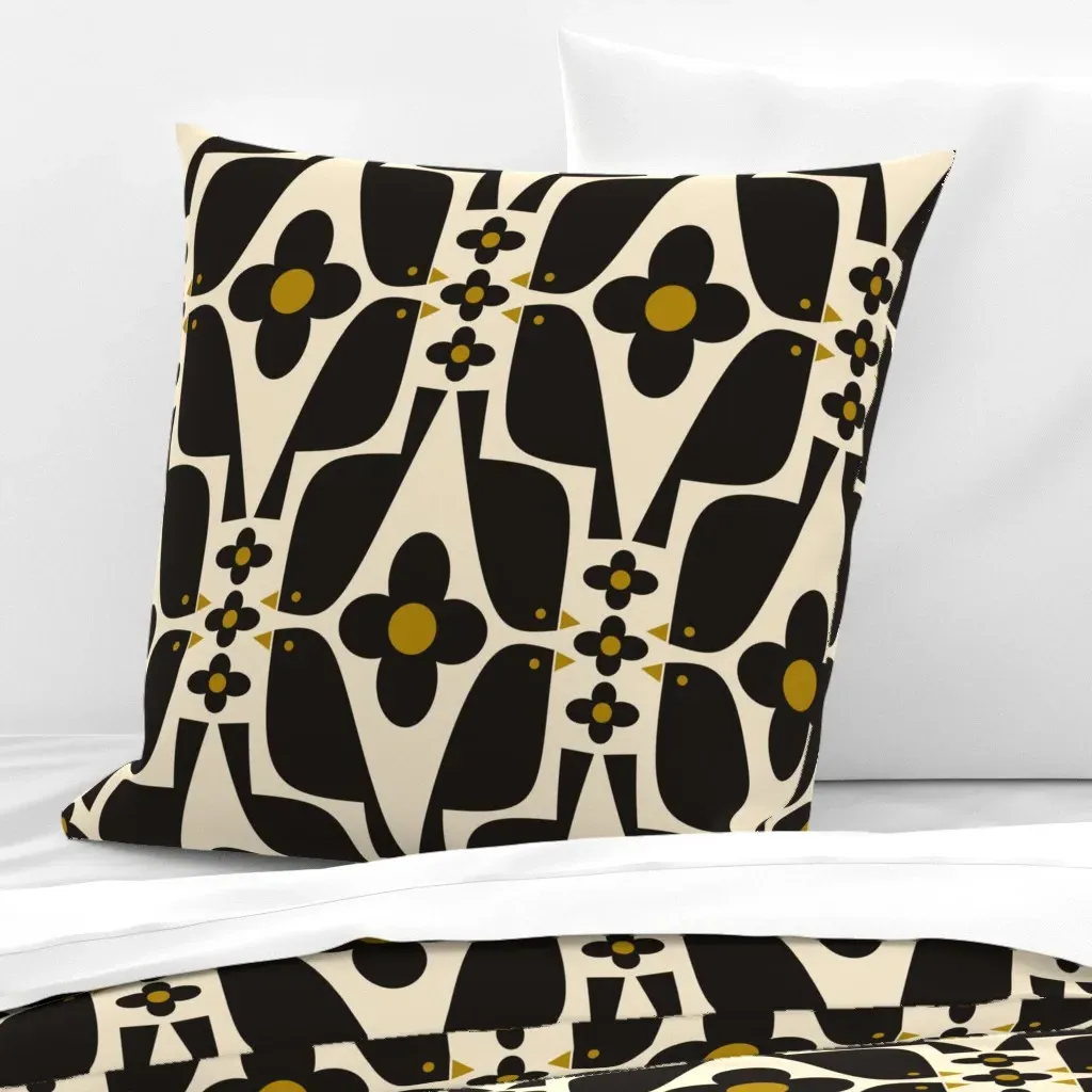 Black Birds And Daisies Large Euro Pillow Sham - Black product