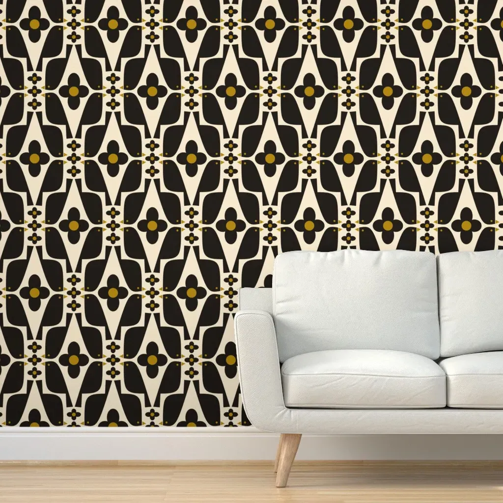 Black Birds and Daisies Peel and Stick Wallpaper - Black product