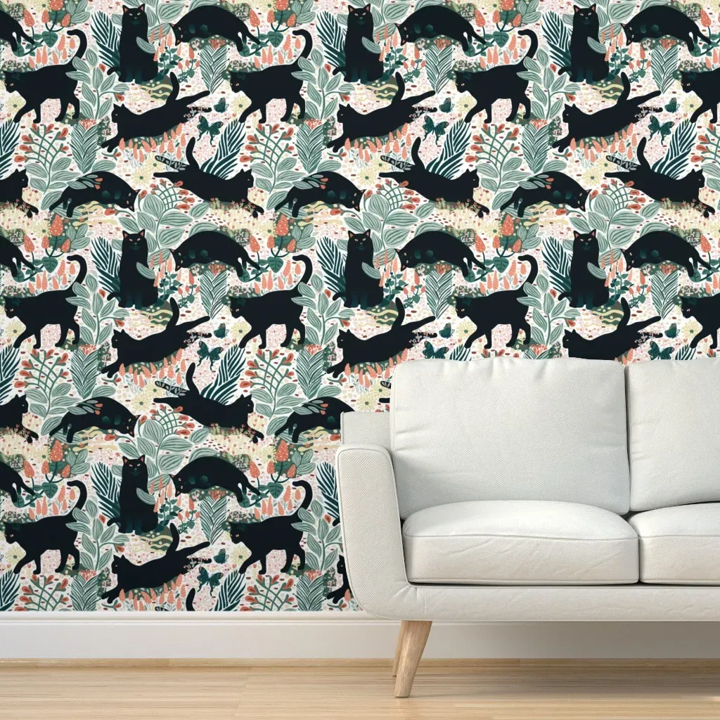 Black Cat In The Butterfly Garden Peel and Stick Wallpaper - Dark Teal product