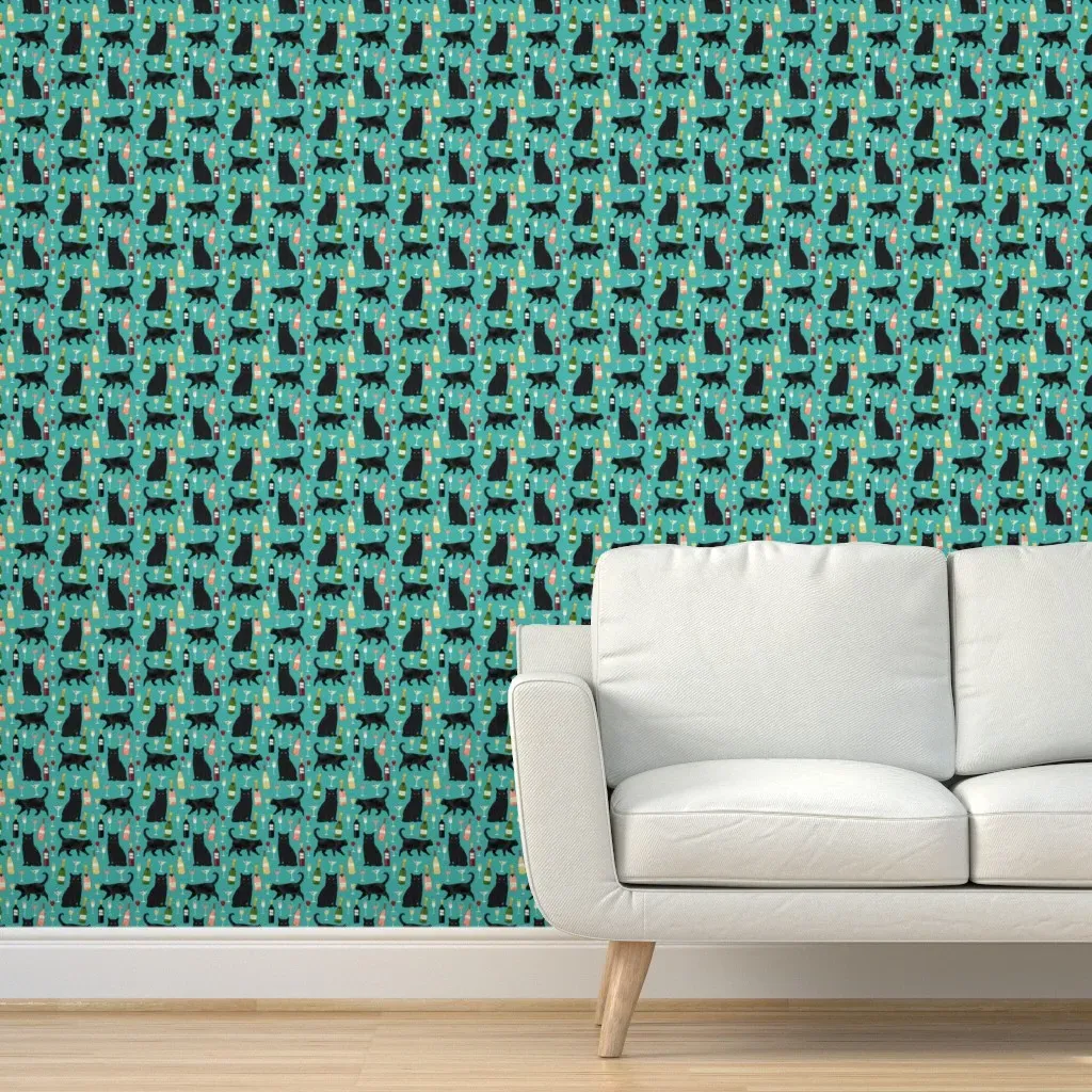 Black Cat Wine Cute Rose Peel and Stick Wallpaper - Turquoise product