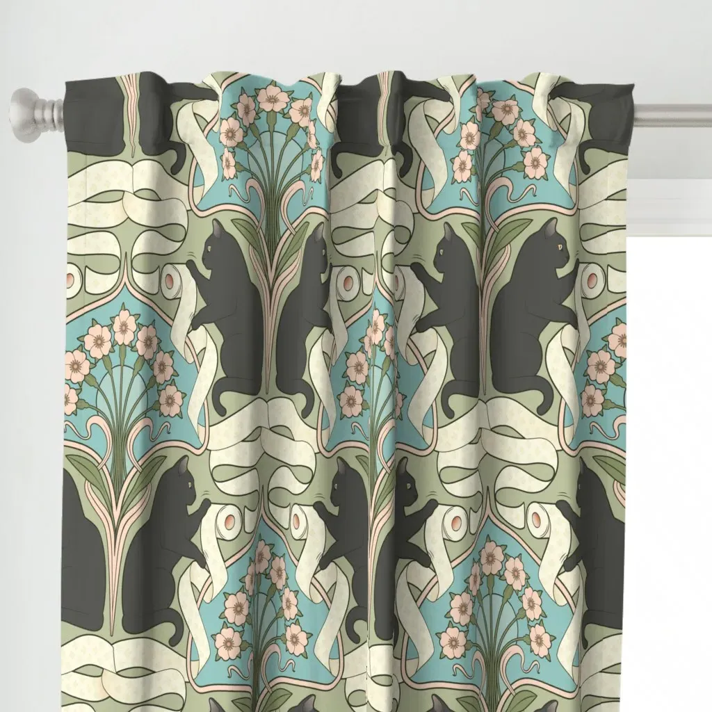 Black Cats And Toilet Curtain Panel - Green alternate view