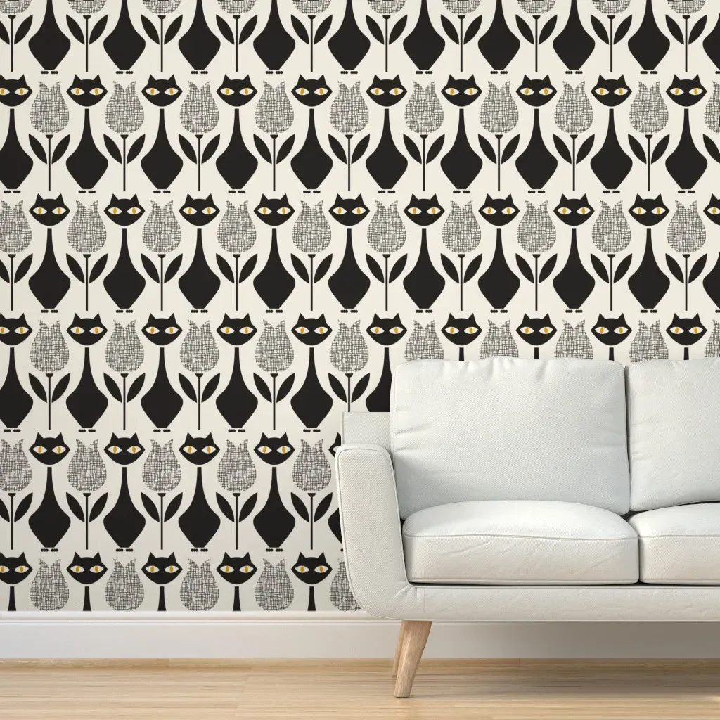 Black Cats and Tulips Peel and Stick Wallpaper - Black product