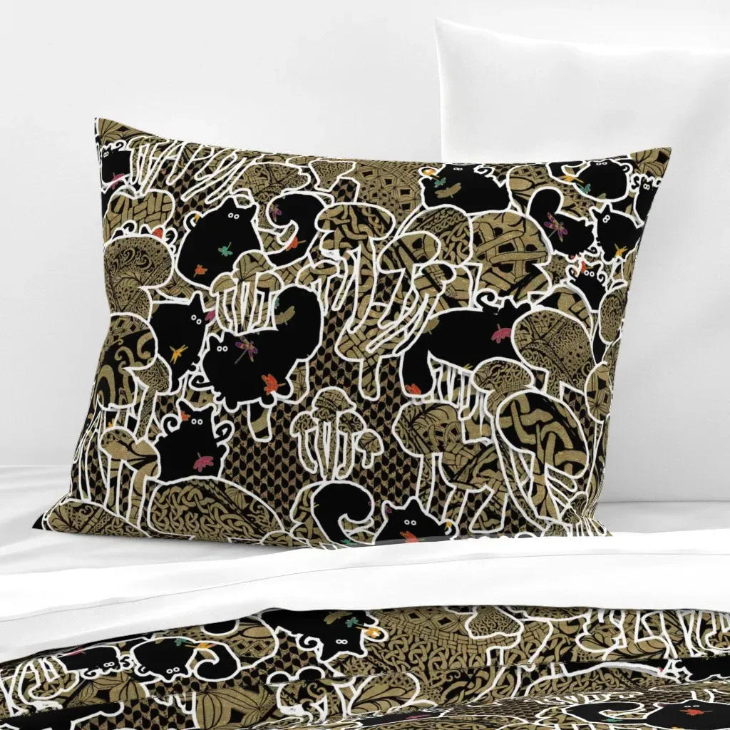 Black Cats Mushroom Forest Standard Knife Edge Cushion - Gold, Cotton Sateen product