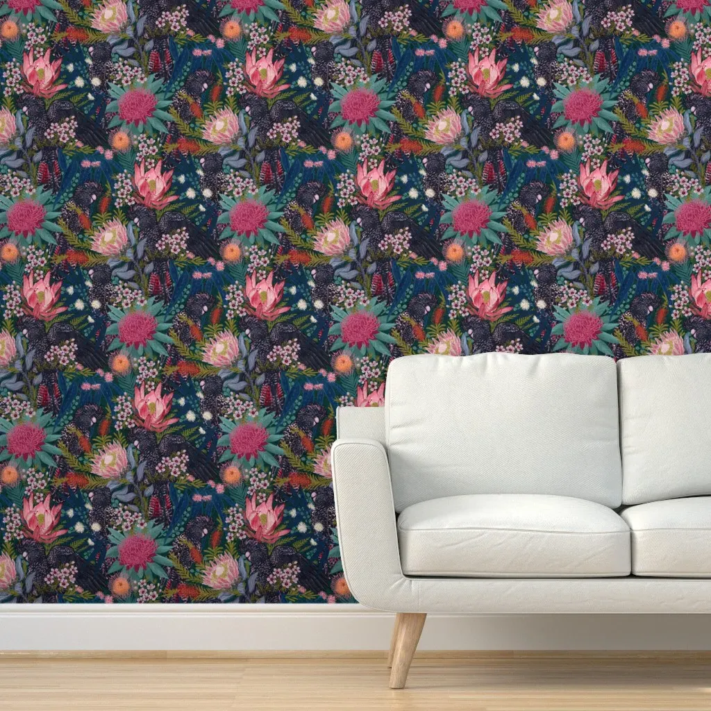 Black Cockatoos Chintz Peel and Stick Wallpaper - Purple, Pink, Blue product