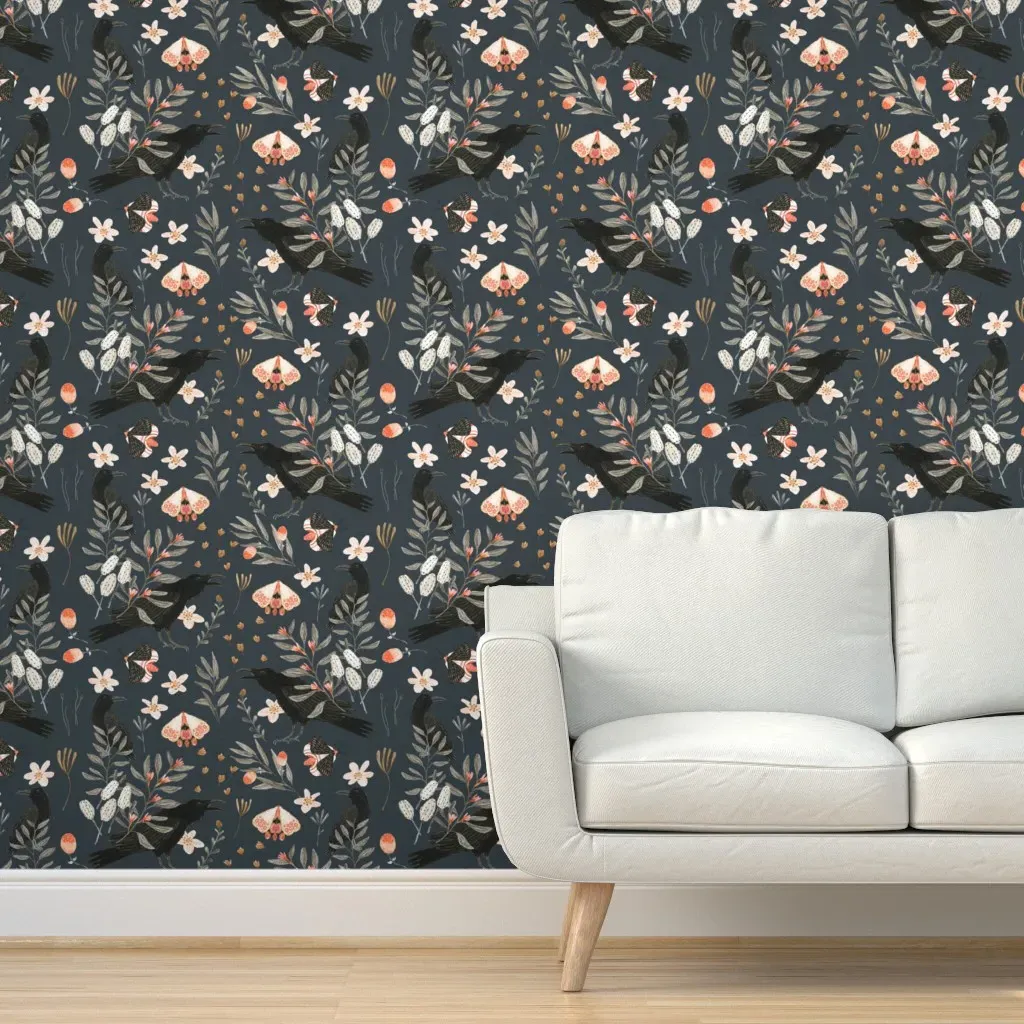 Black Crows and Butterflies Peel and Stick Wallpaper - Charcoal product