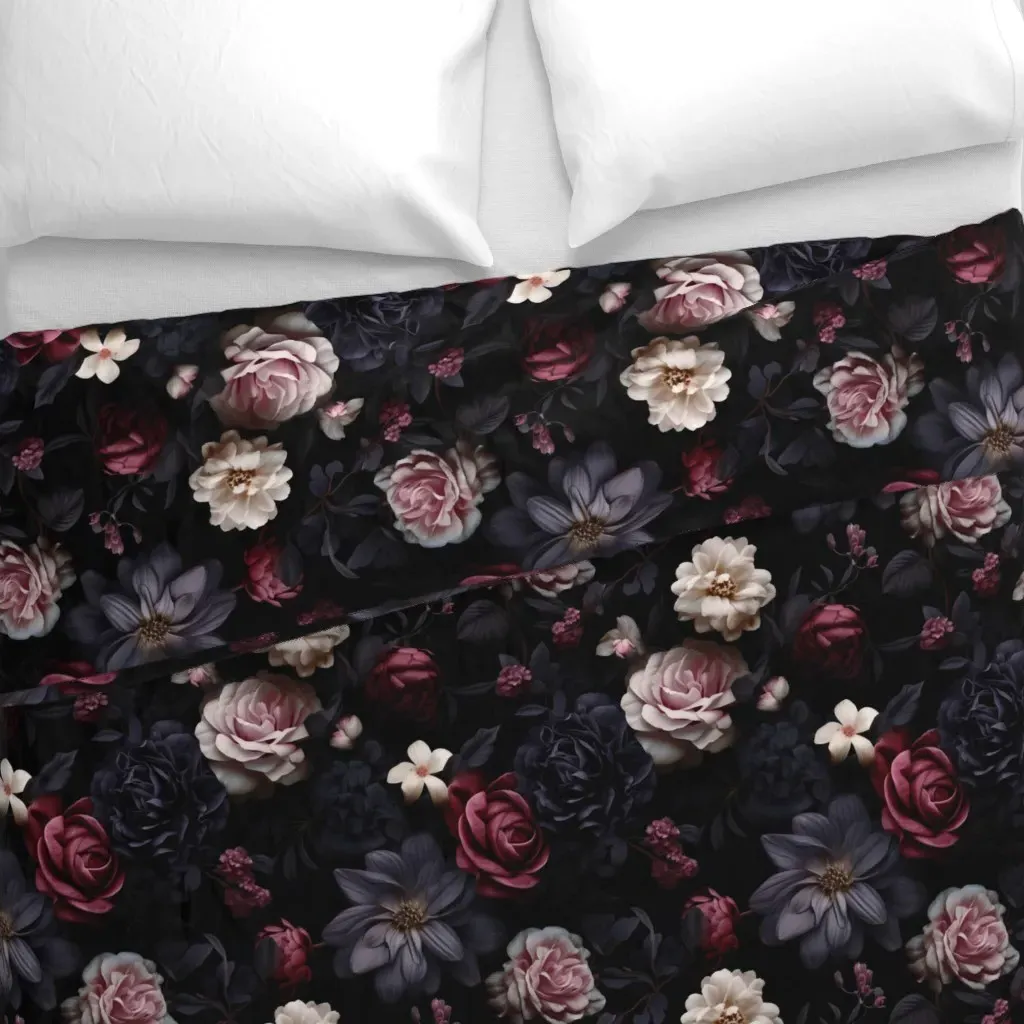 Black Flowers With Rich Red Duvet Cover - Burgundy alternate view