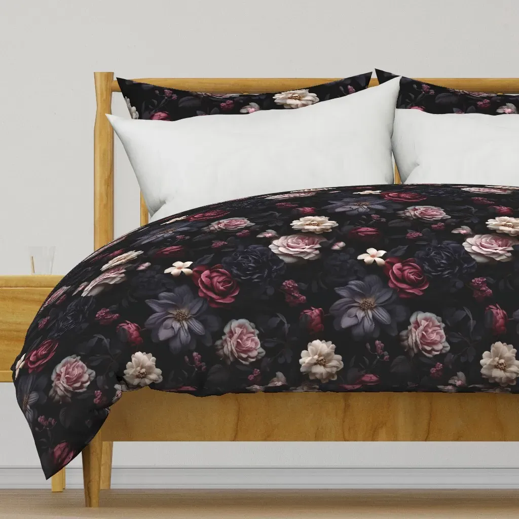 Black Flowers With Rich Red Duvet Cover - Burgundy product