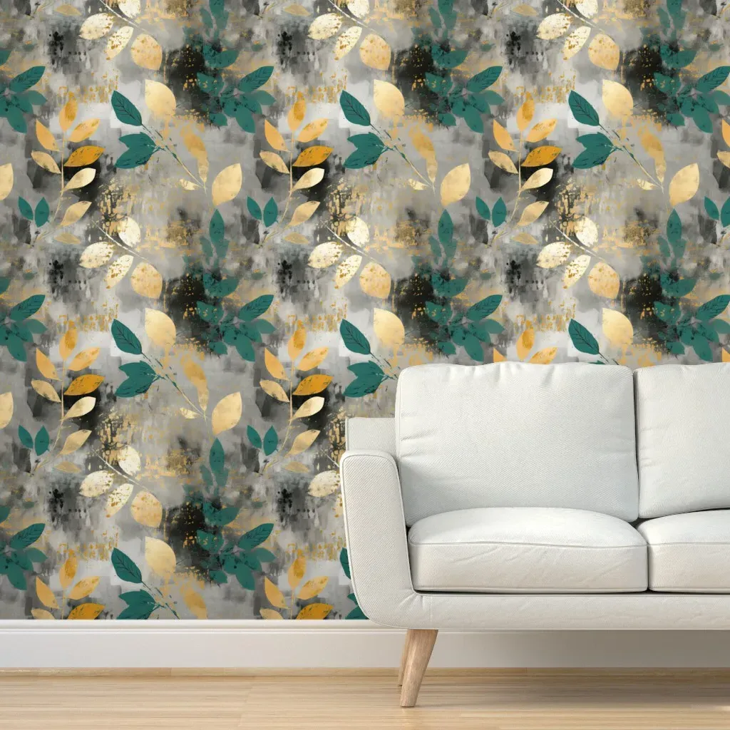 Black Grunge With Leaves Peel and Stick Wallpaper - Gold product