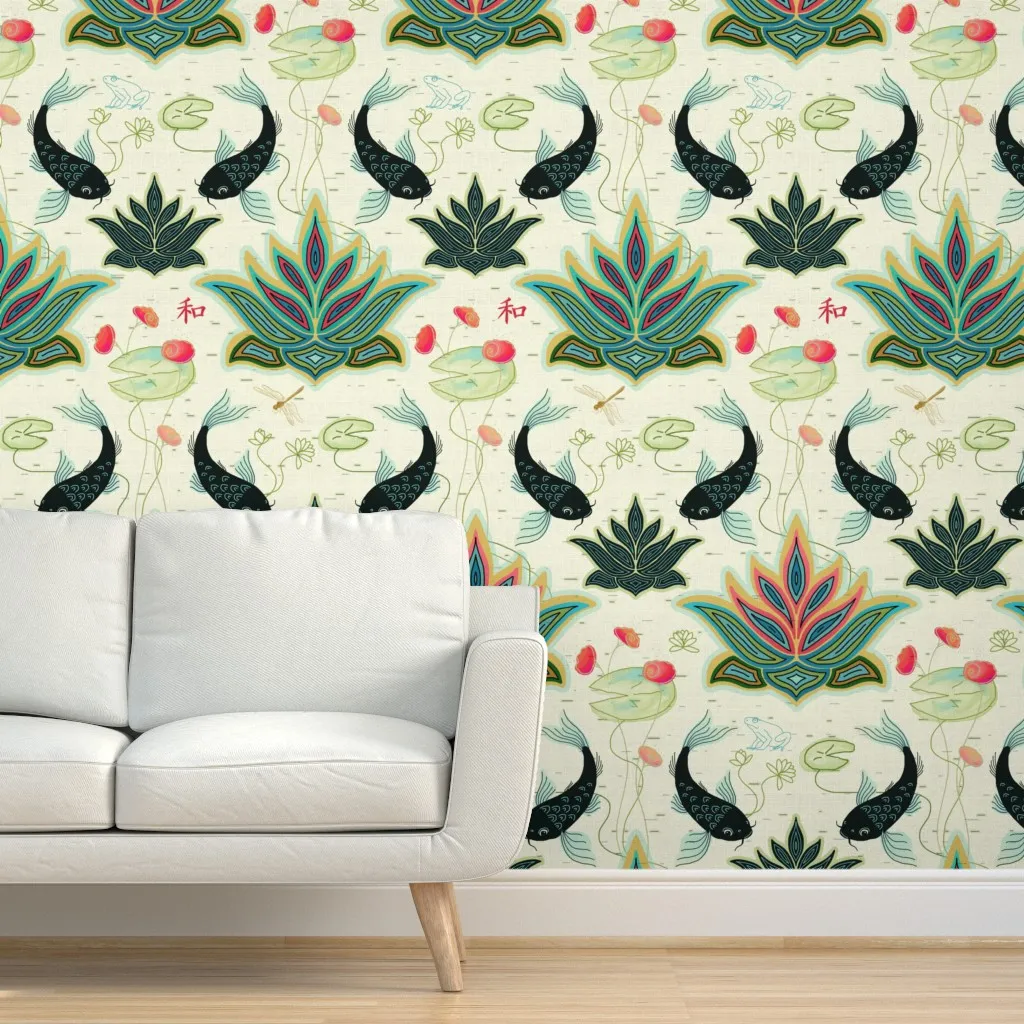 Black Koi Reimagined Damask Peel and Stick Wallpaper - Beige product