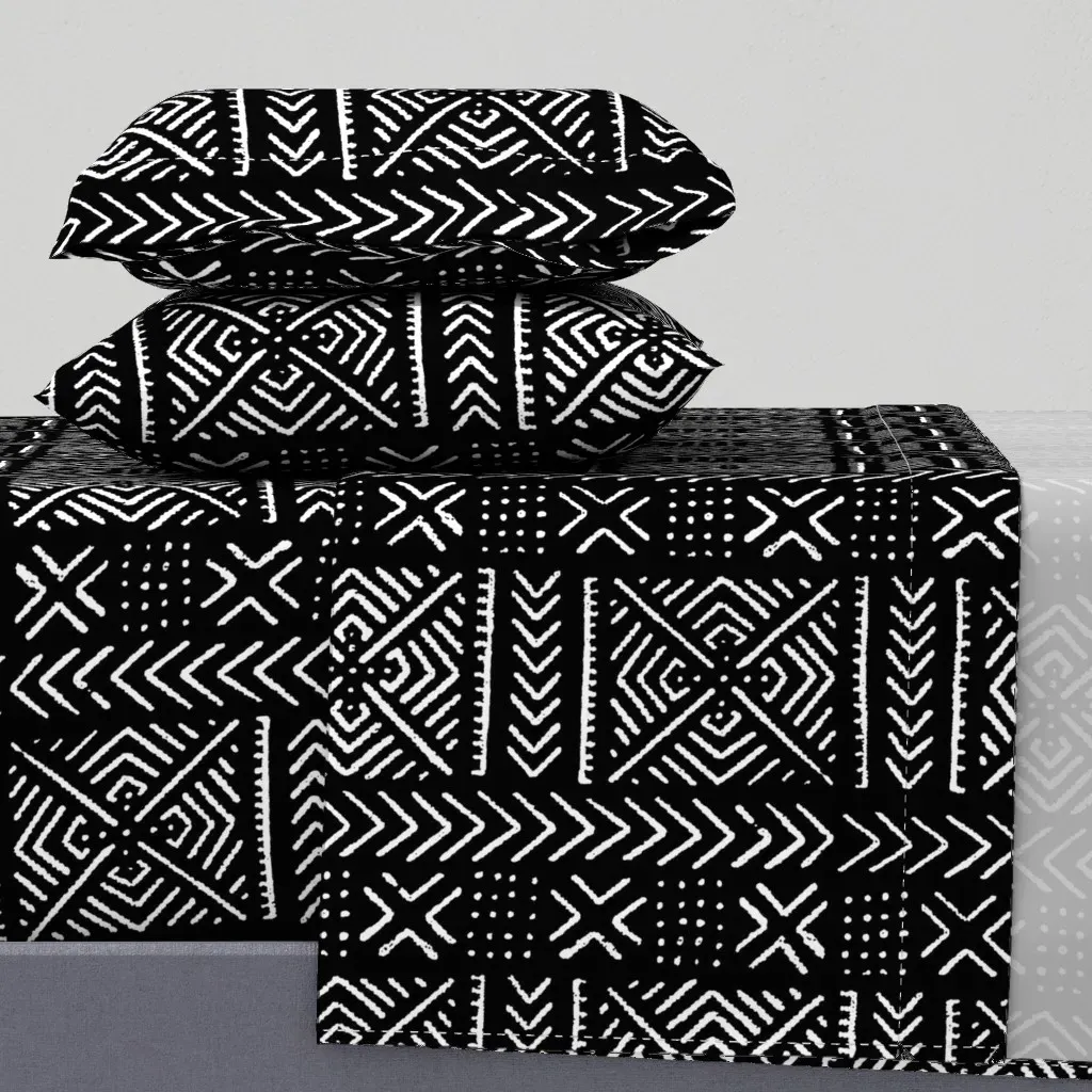 Black Line Mud Cloth Queen Sheet Set - White product