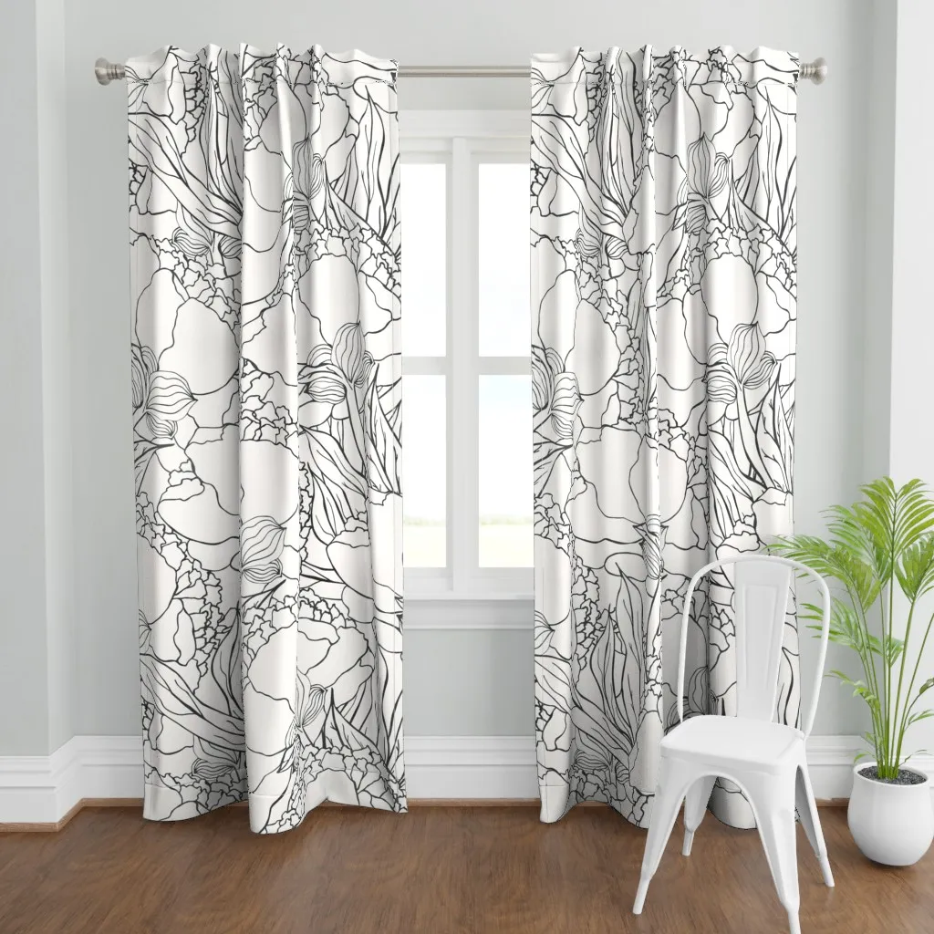 Black Peonies Curtain Panel - White product