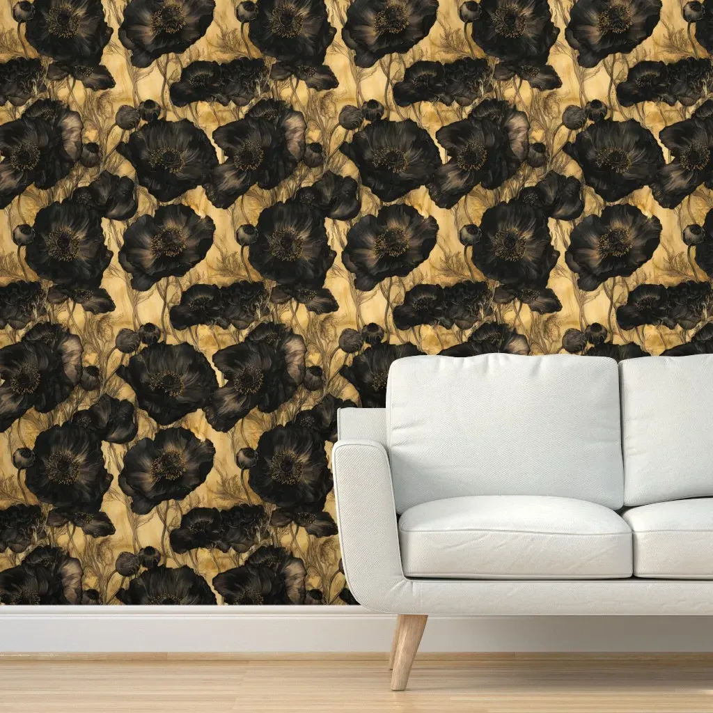 Black Poppies On A Golden Night Peel and Stick Wallpaper product