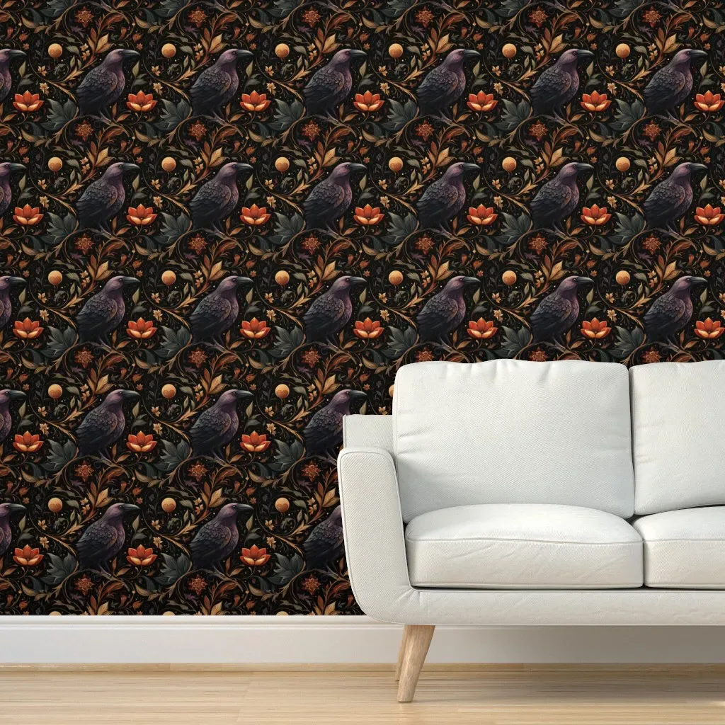 Black Ravens In Garden Peel and Stick Wallpaper - Purple product