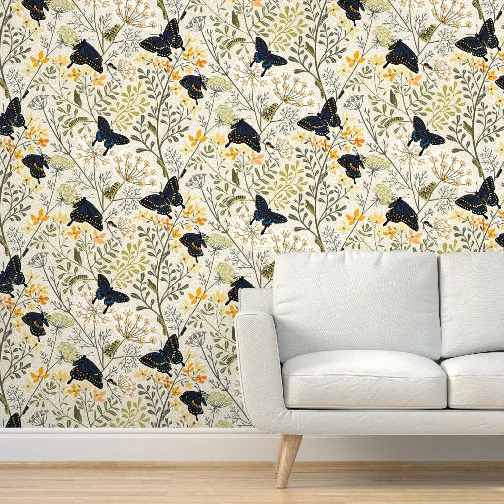 Black Swallowtail Habitat Large Scale Peel and Stick Wallpaper - Beige, Black, Green product