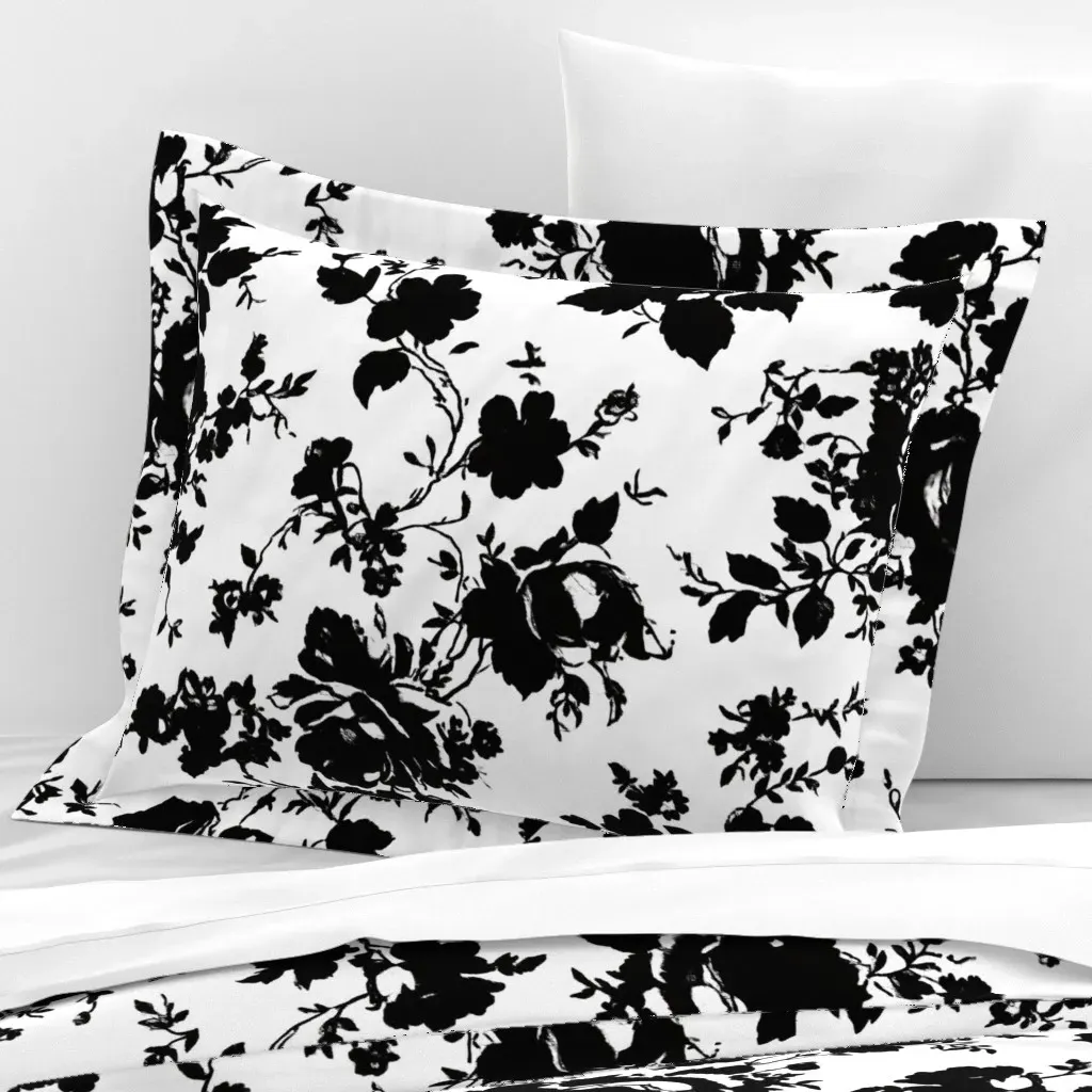Black & White Floral Toile Standard Flanged Pillowcase - Black, Cotton Sateen product