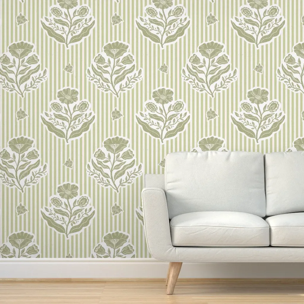 Block Print Botanical Floral Striped Peel and Stick Wallpaper - Sage Green product