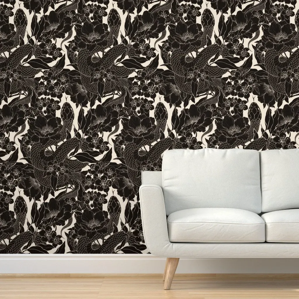 Block Print Enchanted Snake Peel and Stick Wallpaper - Black product