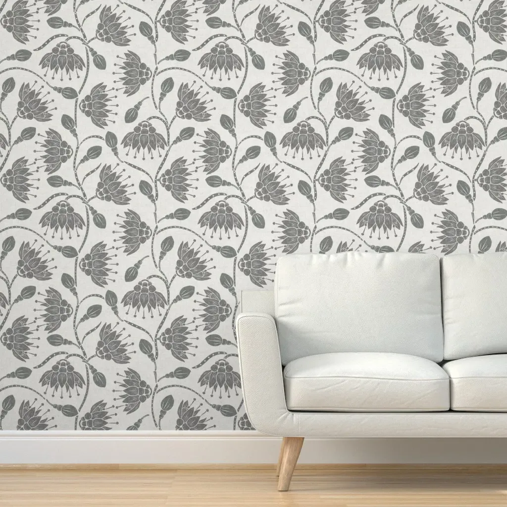 Block Print Floral Peel and Stick Wallpaper - Gunmetal Gray, White product