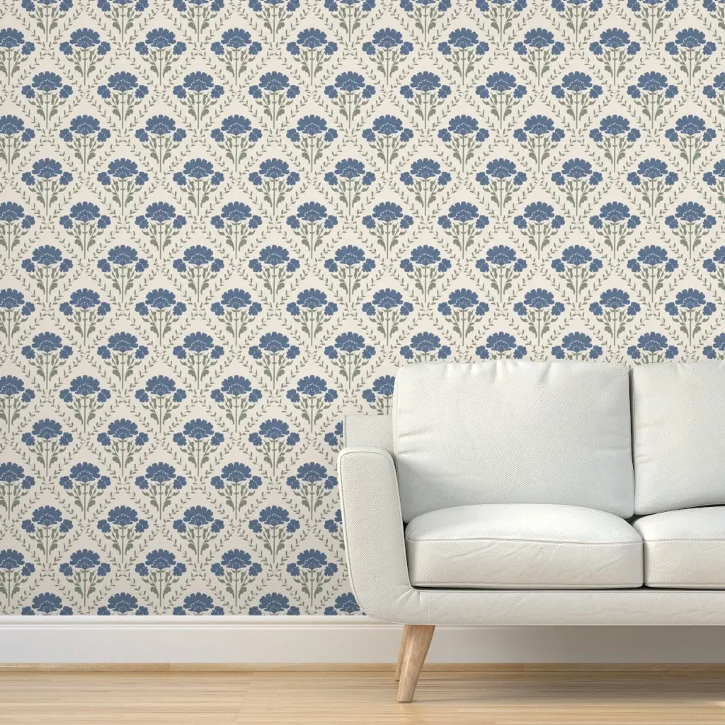 Block Print Floral Vine Trellis Peel and Stick Wallpaper - Denim Blue product