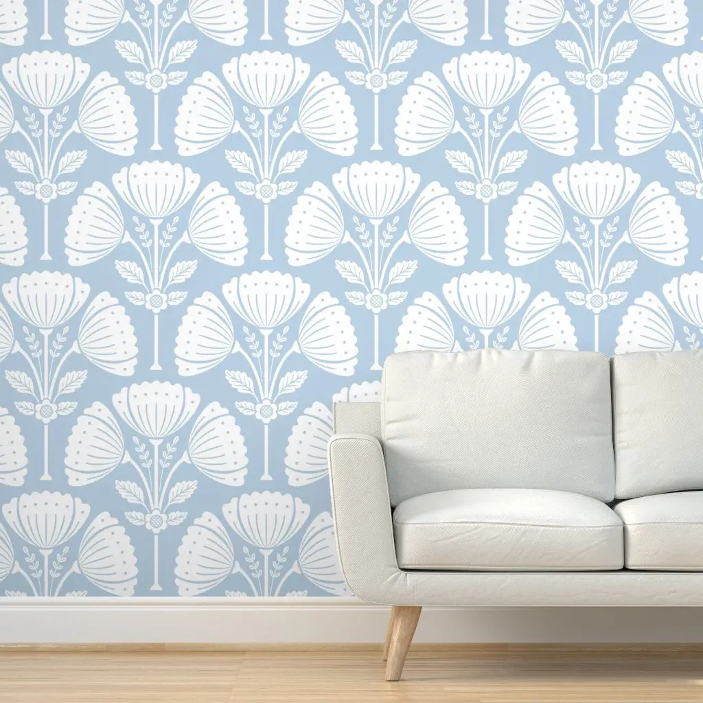 Block Print Flower Bouquet Peel and Stick Wallpaper - Air Blue, White product