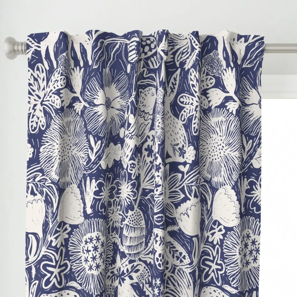 Block Print Linocut Curtain Panel - White alternate view