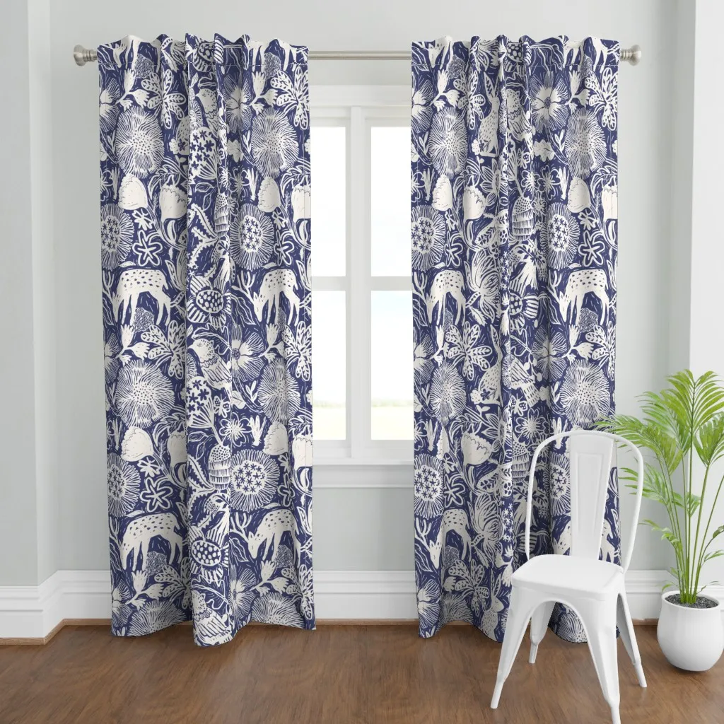 Block Print Linocut Curtain Panel - White product