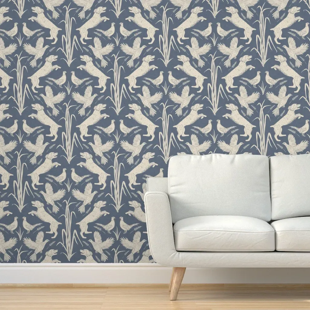 Block Print Pheasant Hunt Peel and Stick Wallpaper - Denim Blue product