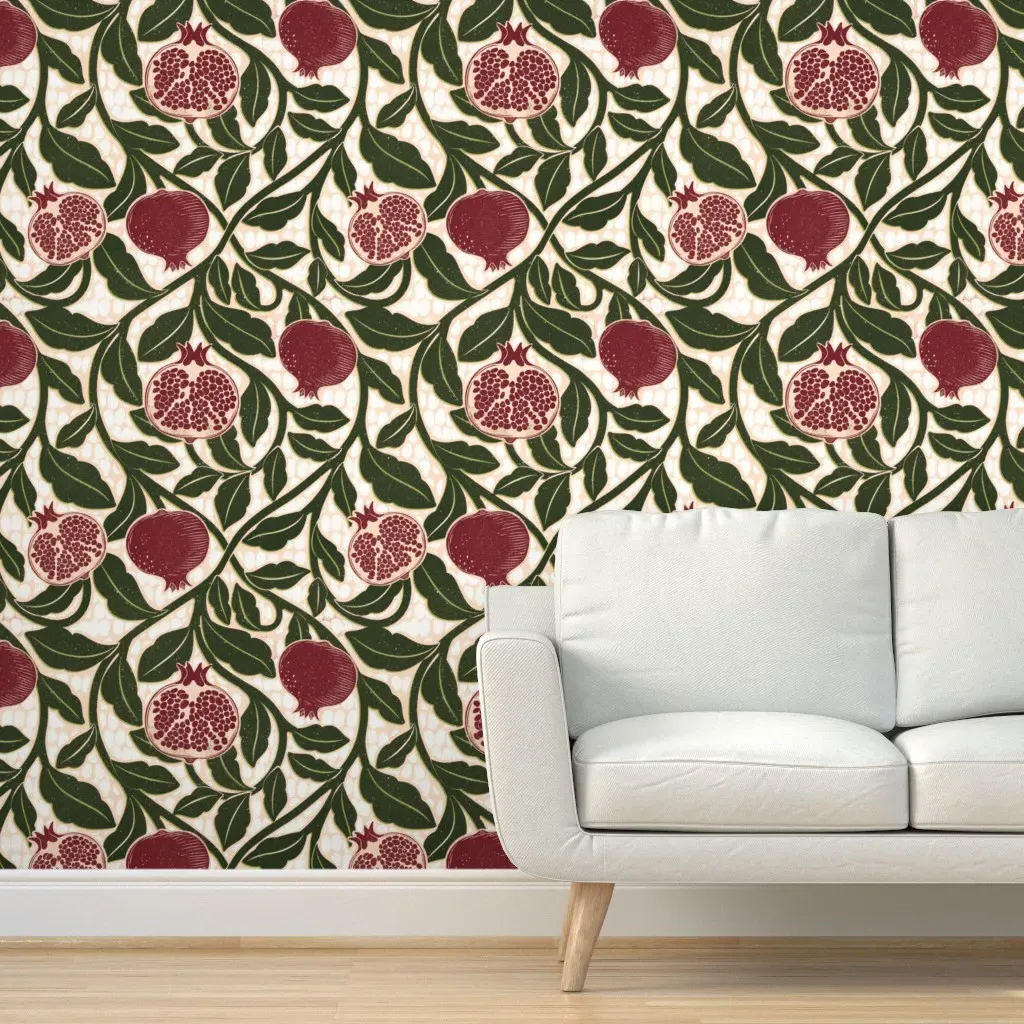 Block Print Pomegranates And Vines Peel and Stick Wallpaper - Burgundy product