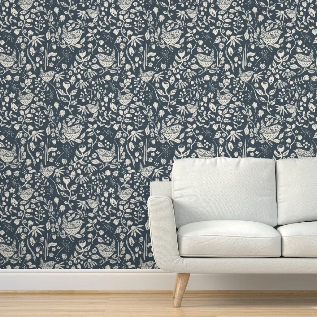 Block Print Textured Wren In Hedgerow Peel and Stick Wallpaper - Off-White product