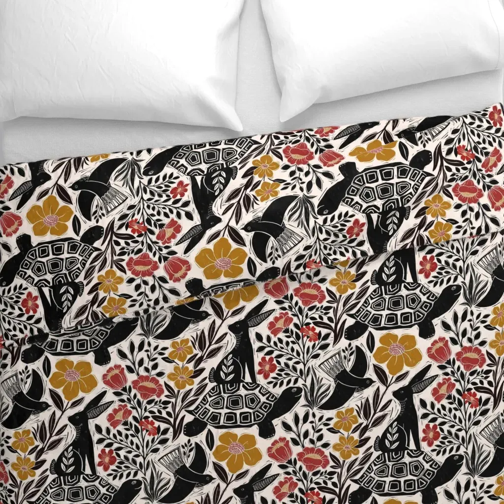 Block Print Tortoise And Hare Duvet Cover - Black alternate view