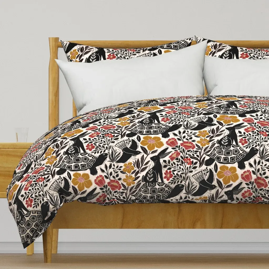 Block Print Tortoise And Hare Duvet Cover - Black product