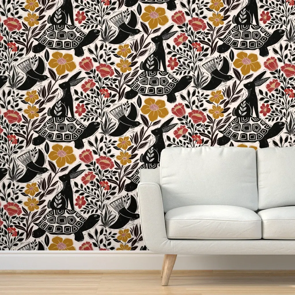 Block Print Tortoise And Hare Peel and Stick Wallpaper - Black product