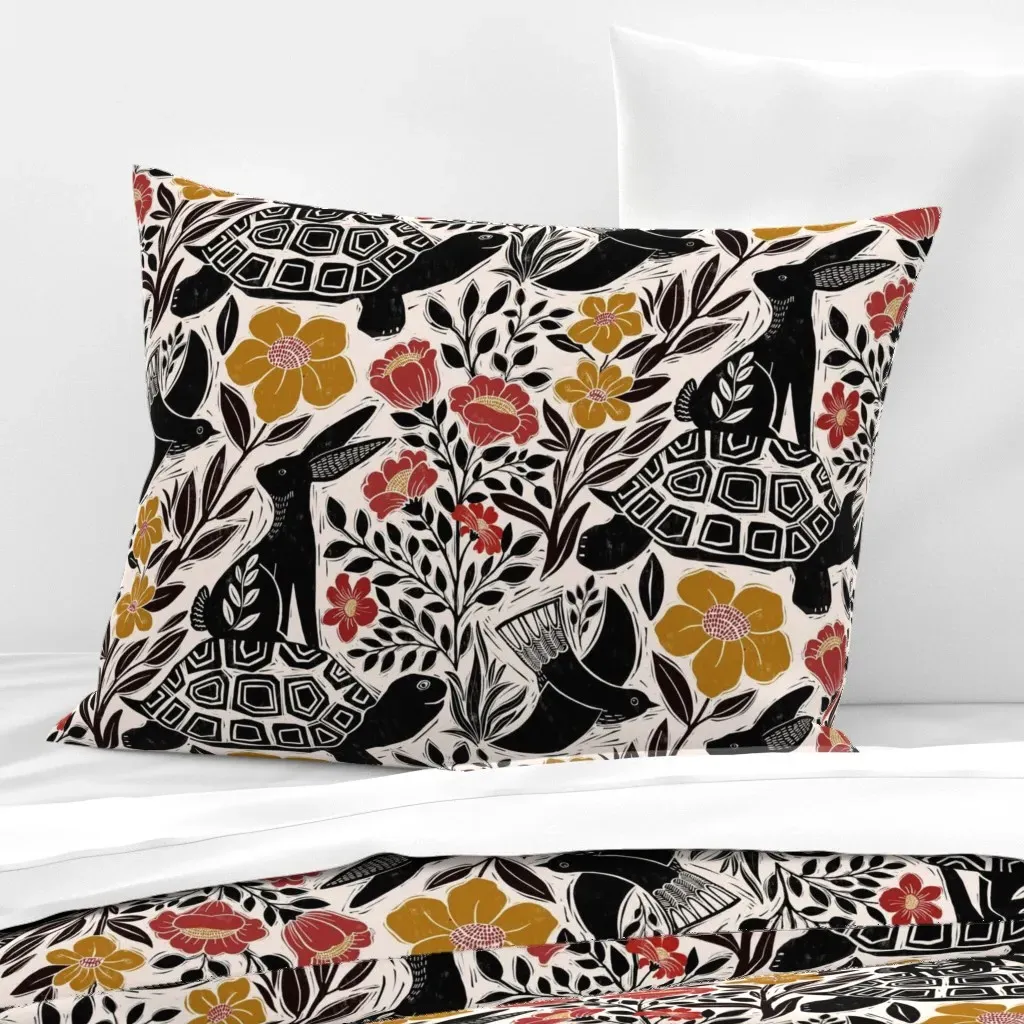 Block Print Tortoise And Hare Standard Knife Edge Pillow - Black, Cotton Sateen product