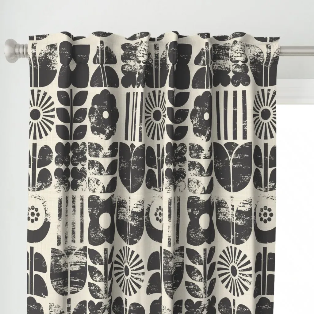 Block-Printed Geo Flowers Curtain Panel - Dark Gray alternate view