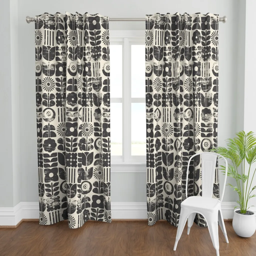 Block-Printed Geo Flowers Curtain Panel - Dark Gray product