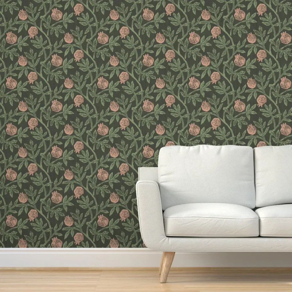 Block Printed Pomegranate Peel and Stick Wallpaper - Dark Green product