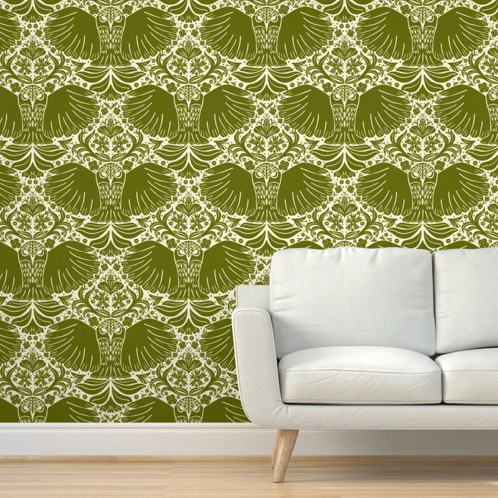Block Printing Owls Peel and Stick Wallpaper - Olive Green product