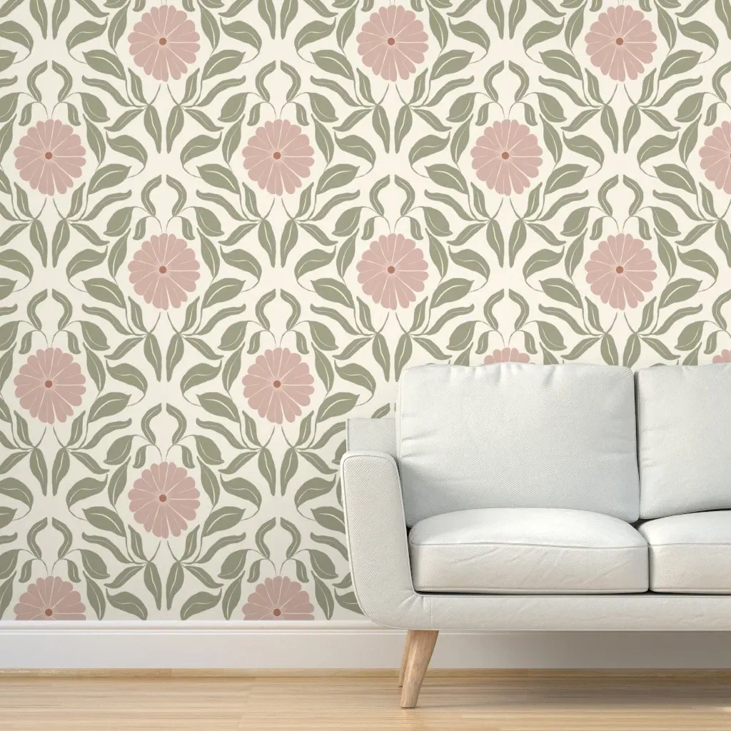 Blockprint Folk Floral Peel and Stick Wallpaper - Dusty Rose product
