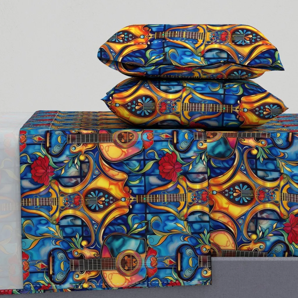 Blue Abstract Art Nouveau Guitar Tropical Queen Sheet Set product