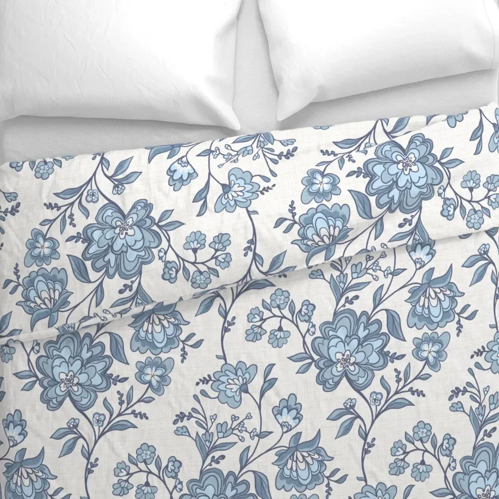 Blue And Cream Floral Linen Duvet Cover - Dusty Blue alternate view