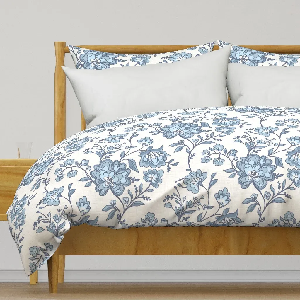 Blue And Cream Floral Linen Duvet Cover - Dusty Blue product